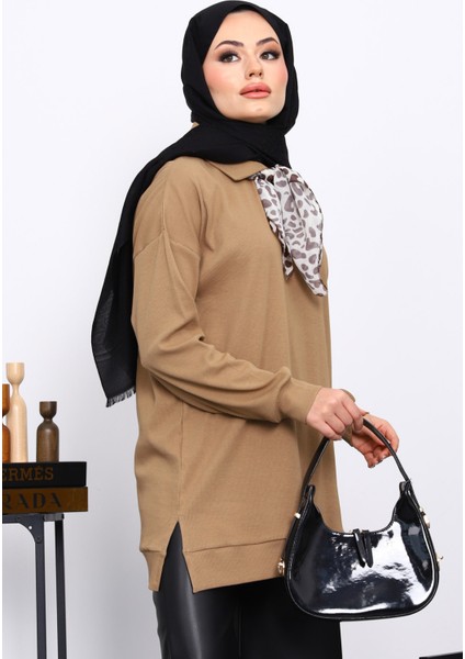 Camel Fular Detaylı Yakalı Tunik modelleri
