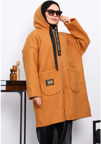 Kiremit Kapşonlu Cep Detaylı Buklet Kaban