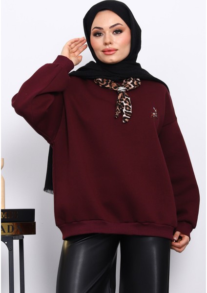 Mürdüm Fular Aksesurlı Ceylan İşlemeli Üç İplik Sweat