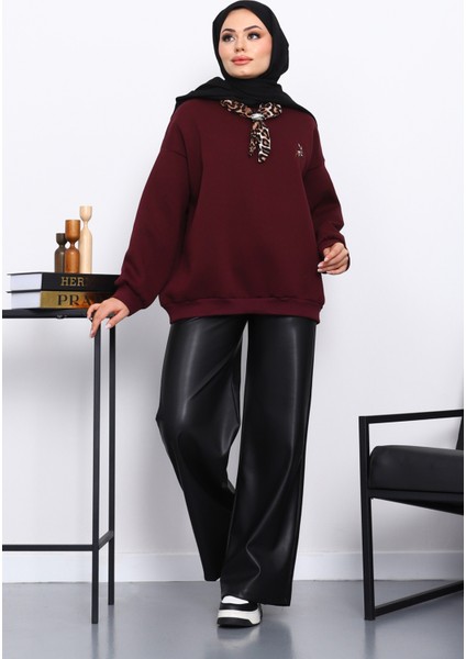 Mürdüm Fular Aksesurlı Ceylan İşlemeli Üç İplik Sweat fiyatları