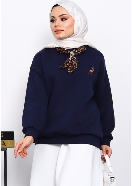 Lacivert Fular Aksesurlı Ceylan Işlemeli Üç Iplik Sweat
