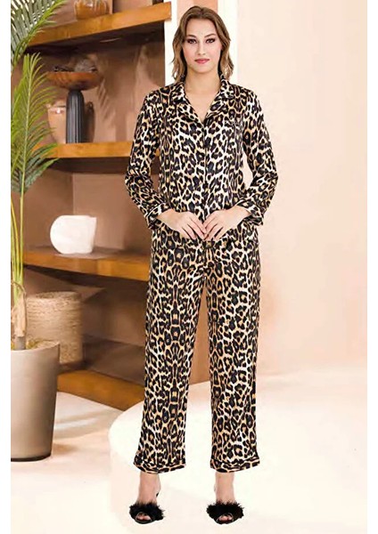 Lady Leopar Desenli Saten Uzun Pijama Takımı