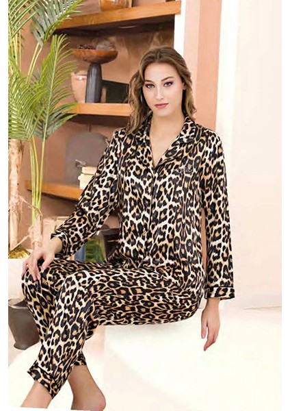 Lady Leopar Desenli Saten Uzun Pijama Takımı fiyatları