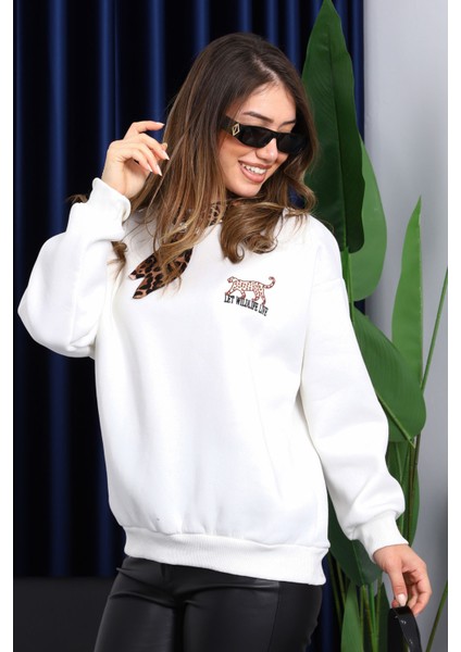 Ekru Fular Aksesuarlı Leoparlı Üç İplik Şardonlu Sweat fiyatları