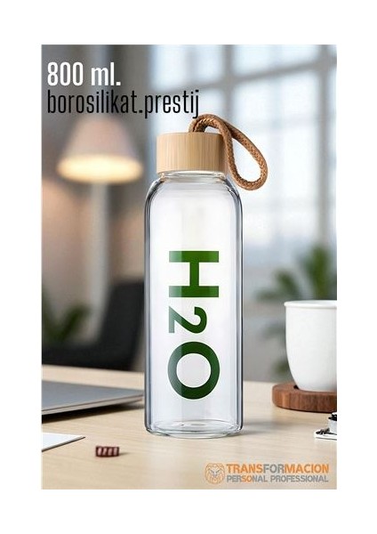 Cam Matara - 800 ml Bambu Kapaklı Borosilikat Cam Matara - Ofis Matarası