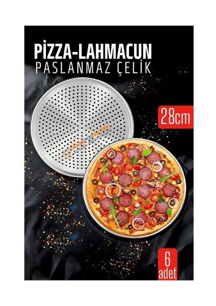 6 Lı Paslanmaz Çelik Pizza-Lahmacun Tepsisi – Delikli Tasarım ile Mükemmel Pişirme 28 cm