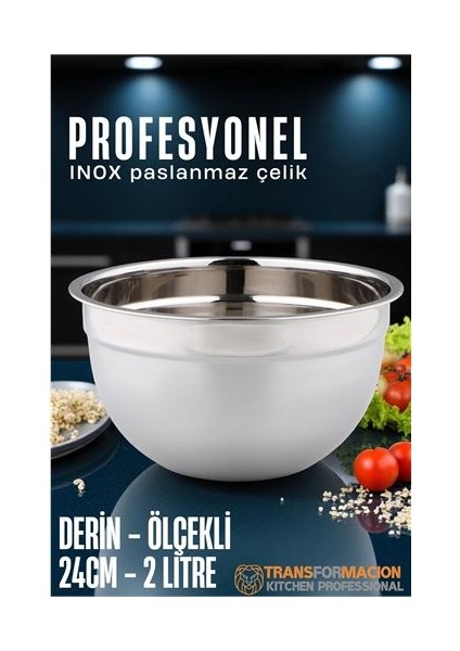 Inox Ölçekli Derin Kase - 24 cm 2 Litre Karıştırma Kabı Profesyonel 304 Paslanmaz Çelik