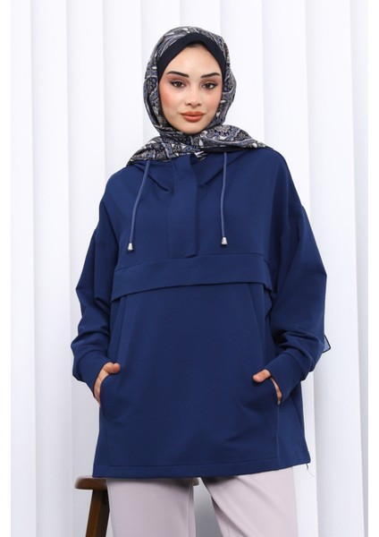 Lacivert Fermuarlı Cepli Iki Iplik Oversize Sweat