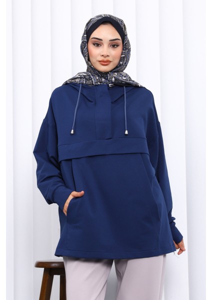 Lacivert Fermuarlı Cepli Iki Iplik Oversize Sweat modelleri