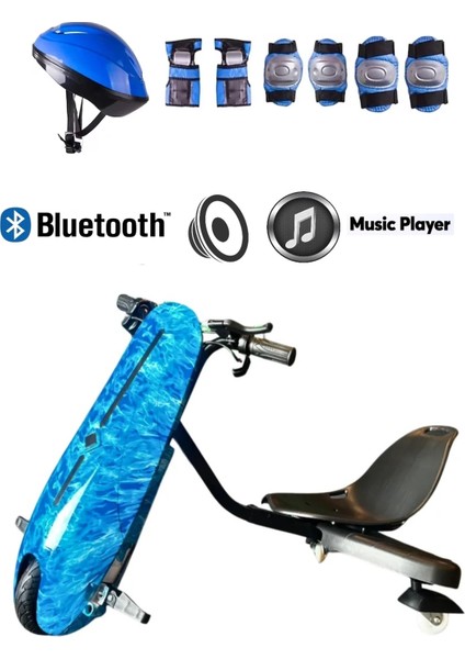 Drift Car Bluetooth Hoparlörlü Graffiti Desenli Drift Scooter Kask-Dizlik Seti Hediyeli