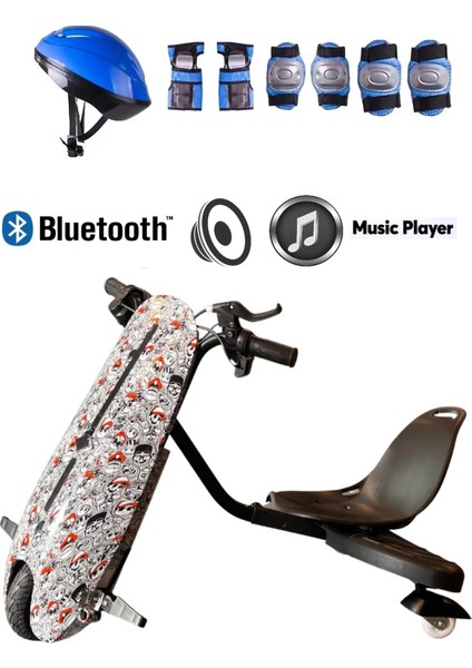 Drift Car Bluetooth Hoparlörlü Graffiti Desenli Drift Scooter Kask-Dizlik Seti Hediyeli