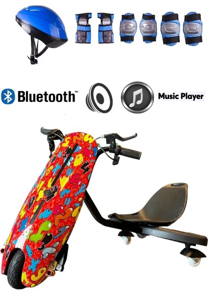 Drift Car Bluetooth Hoparlörlü Graffiti Desenli Drift Scooter Kask-Dizlik Seti Hediyeli