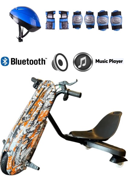 Drift Car Bluetooth Hoparlörlü Graffiti Desenli Drift Scooter Kask-Dizlik Seti Hediyeli