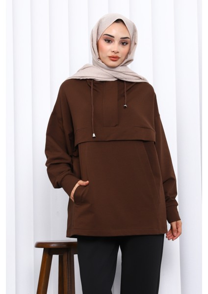 Kahverengi Fermuarlı Cepli İki İplik Oversize Sweat