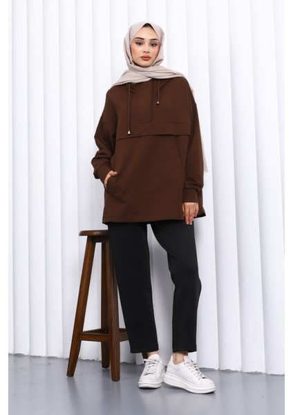 Kahverengi Fermuarlı Cepli İki İplik Oversize Sweat fiyatları