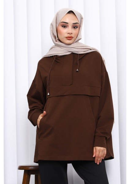 Kahverengi Fermuarlı Cepli İki İplik Oversize Sweat modelleri