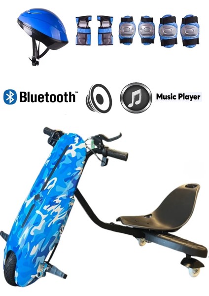 Drift Car Bluetooth Hoparlörlü Graffiti Desenli Drift Scooter Kask-Dizlik Seti Hediyeli