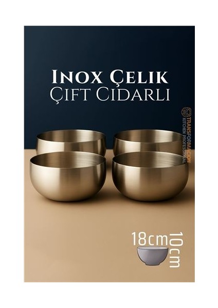 Çift Cidarlı Kase - Inox Çelik Kase 18 cm 4 Lü Set