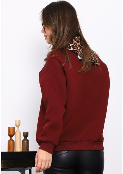 Bordo Fular Aksesuarlı Leoparlı Üç İplik Şardonlu Sweat fırsatları