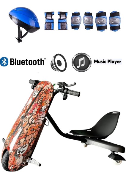 Drift Car Bluetooth Hoparlörlü Graffiti Desenli Drift Scooter Kask-Dizlik Seti Hediyeli