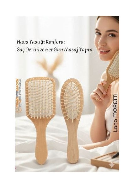 Doğal Ahşap Antistatik Hava Yastıklı Saç Fırçası (2 Boy: 23X8 & 22X6 Cm) -