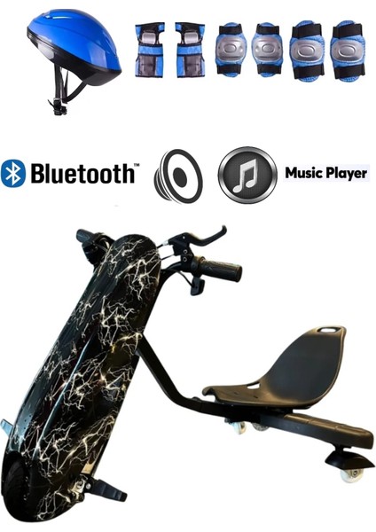 Drift Car Bluetooth Hoparlörlü Graffiti Desenli Drift Scooter Kask-Dizlik Seti Hediyeli