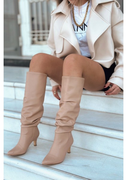 Sollet Mat Deri Kısa Topuklu Körüklü Nude Çizme