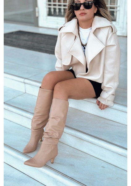 Sollet Mat Deri Kısa Topuklu Körüklü Nude Çizme indirimleri