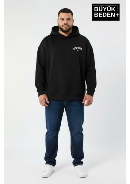 Erkek Büyük Beden New York Baskılı Kapüşonlu Sweatshirt SPR26BSW962