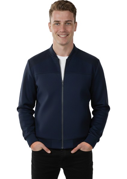 Erkek Lacivert Dar Kesim Likralı Fermuarlı Süet Ceket – Mevsimlik İnce Premium Mont 2504334