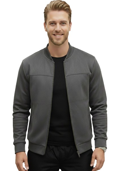 Erkek Gri Dar Kesim Likralı Fermuarlı Süet Ceket – Mevsimlik İnce Premium Mont 2504334