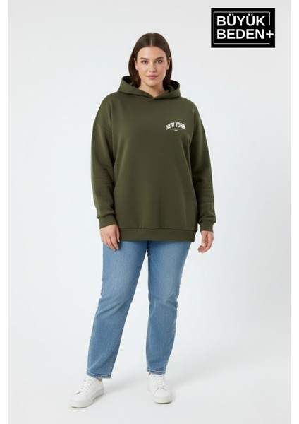Kadın Büyük Beden New York Baskılı Kapüşonlu Sweatshirt SPR26BSWK962