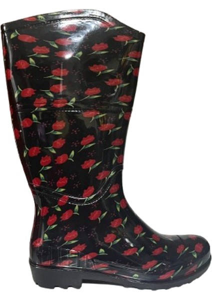 Kadın Siyah -Kırmızı Laleli Bahçe Yağmur Çizmesi EMK2036-97