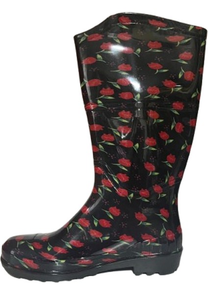 Kadın Siyah -Kırmızı Laleli Bahçe Yağmur Çizmesi EMK2036-97 fiyatları