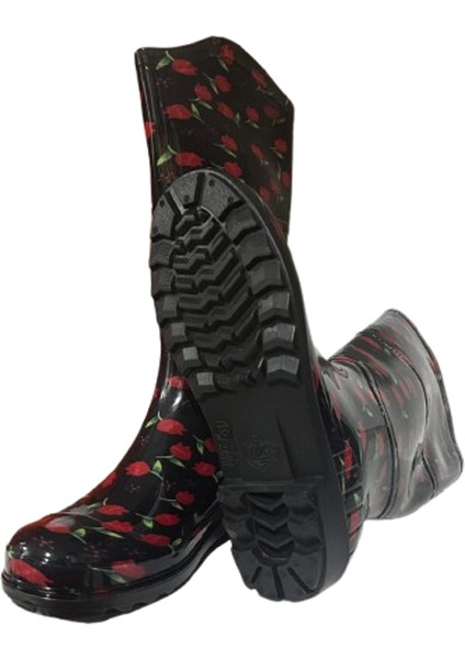 Kadın Siyah -Kırmızı Laleli Bahçe Yağmur Çizmesi EMK2036-97 modelleri