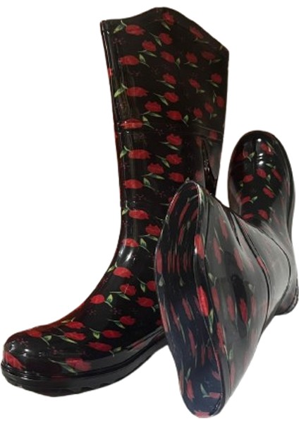 Kadın Siyah -Kırmızı Laleli Bahçe Yağmur Çizmesi EMK2036-97 fırsatları