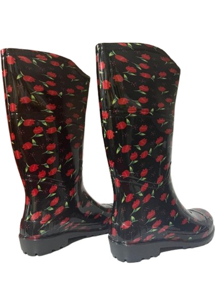 Kadın Siyah -Kırmızı Laleli Bahçe Yağmur Çizmesi EMK2036-97 indirimleri