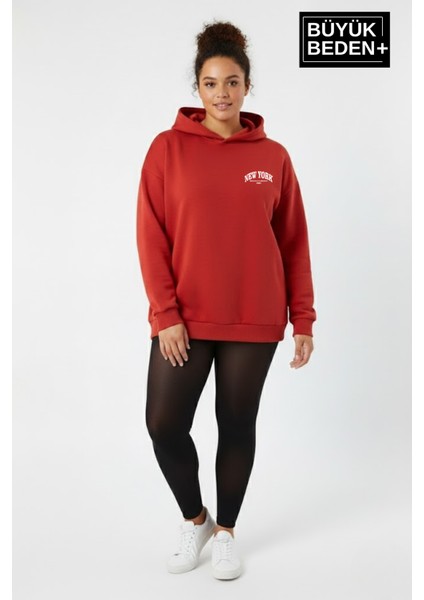 Kadın Büyük Beden New York Baskılı Kapüşonlu Sweatshirt SPR26BSWK962