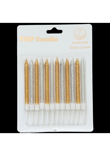 Altın Gümüş Karışık Simli Ince Uzun Pasta Mum 8 cm * 12 Adet