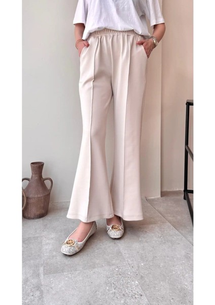 Kadın Bol Paça Çımalı Scuba Pantolon M7071 - Bej