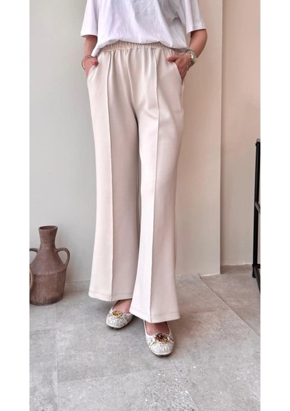 Kadın Bol Paça Çımalı Scuba Pantolon M7071 - Bej fiyatları