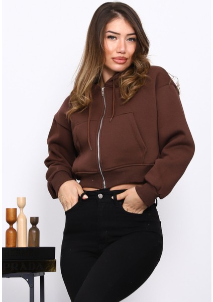 Kahverengi Kısa Kanguru Cepli Fermuarlı Üç İplik Sweat Hırka