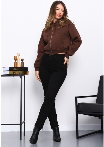 Kahverengi Kısa Kanguru Cepli Fermuarlı Üç İplik Sweat Hırka fiyatları