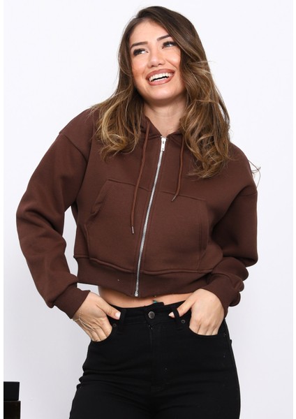 Kahverengi Kısa Kanguru Cepli Fermuarlı Üç İplik Sweat Hırka modelleri