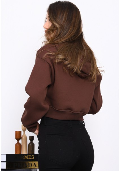 Kahverengi Kısa Kanguru Cepli Fermuarlı Üç İplik Sweat Hırka fırsatları