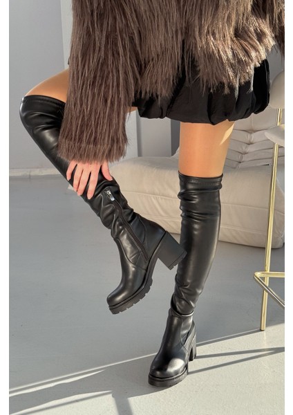 Solivra Siyah Streç Günlük Kalın Topuklu Kadın Çizme modelleri