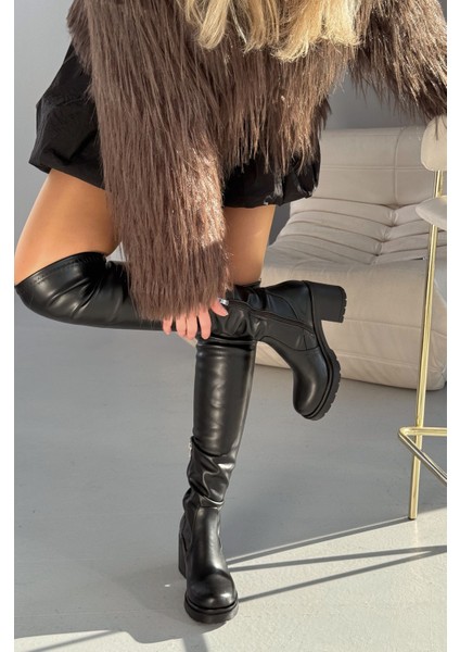 Solivra Siyah Streç Günlük Kalın Topuklu Kadın Çizme indirimleri