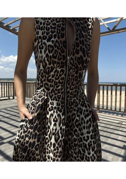 Leopar Desenli Fermuarlı Cepli Pileli Kadın Midi Elbise fiyatları