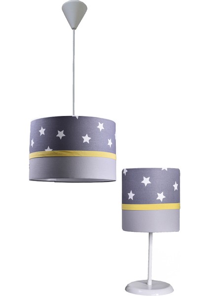 Gri Yıldızlı Gri Sarı 2.li Set M-715 Kumaş Kaplama Genç ve Çocuk Odası Avize ve Abajur Takımı