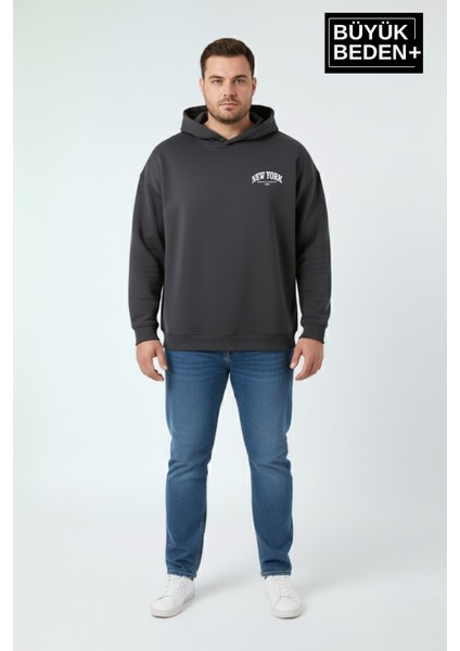 Erkek Büyük Beden New York Baskılı Kapüşonlu Sweatshirt SPR26BSW962